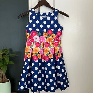 Florence Eiseman Blue Satin Polka Dot Floral Dress, Size 8